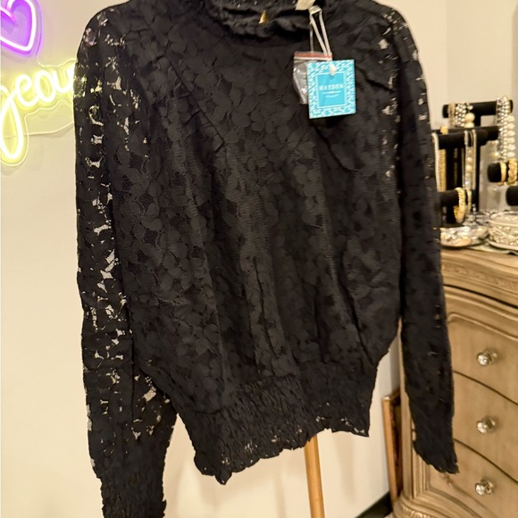 Black Ruffled Long Sleeve Blouse with Mandarin Collar - Picture 7 of 9